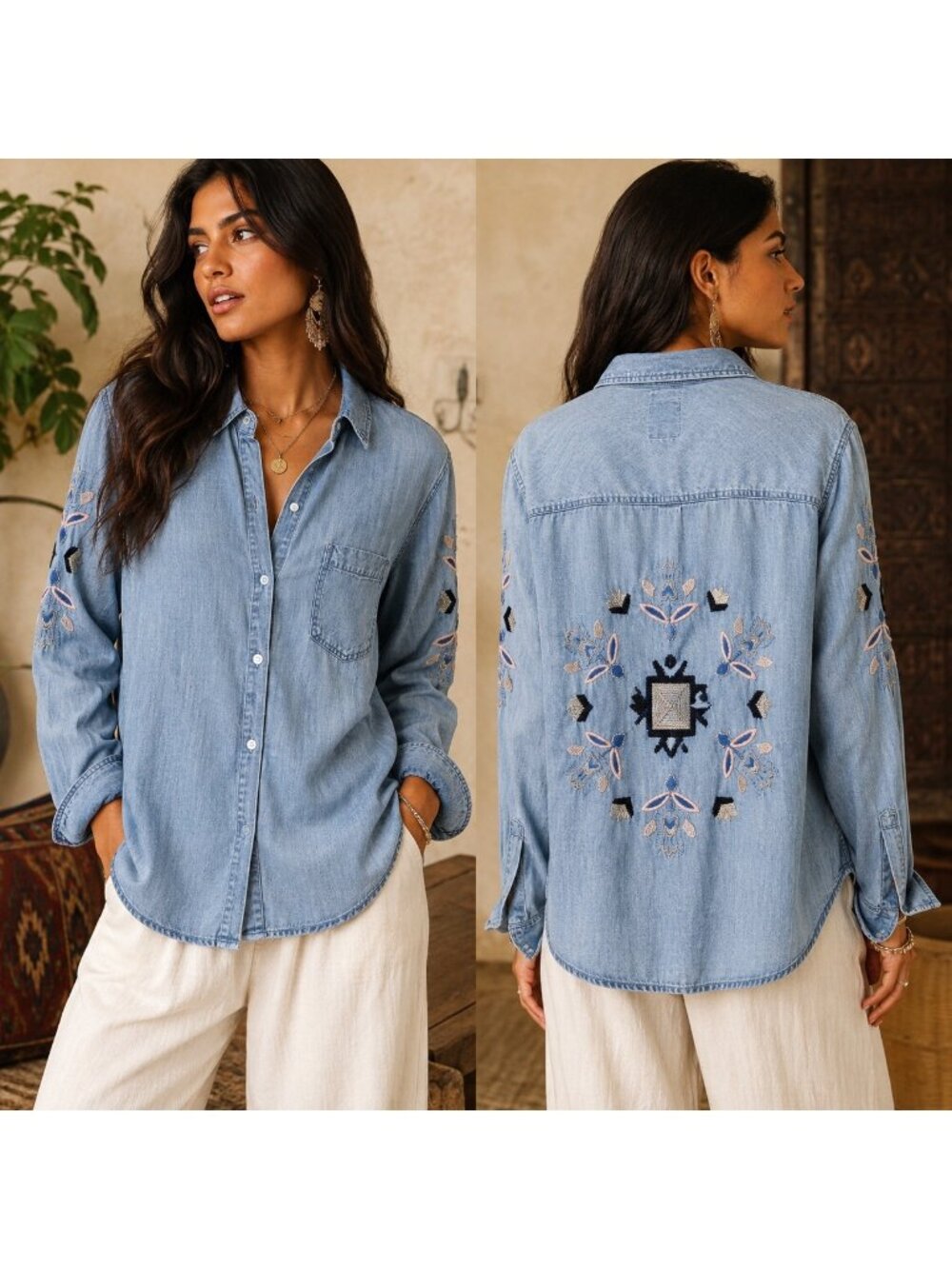 Rails Womens Phoenix Embroidered Denim Shirt M EUC Chambray Southwest